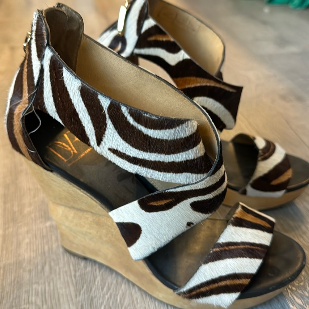 Diane Von Furstenberg Brown and White Zebra-Print Wedge Sandals